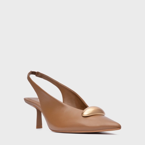 Scarpin Slingback Gold Drop Salto Fino Couro Marrom Gingerbread