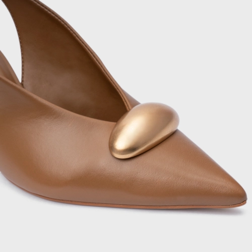 Scarpin Slingback Gold Drop Salto Fino Couro Marrom Gingerbread
