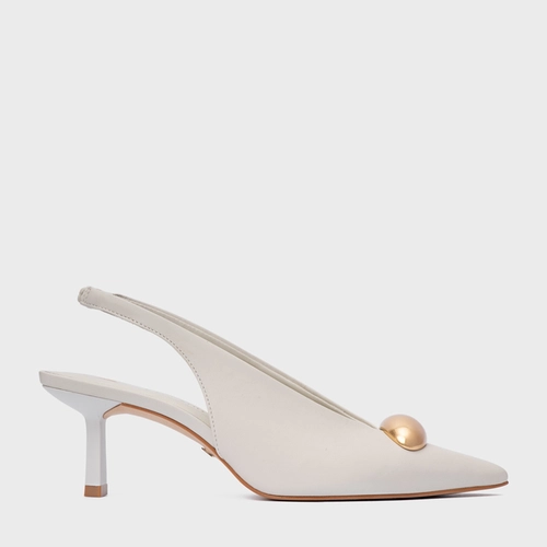 Scarpin Slingback Gold Drop Salto Fino Couro Off White Osso