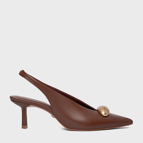 Scarpin Slingback Gold Drop Salto Fino Couro Marrom Walnut