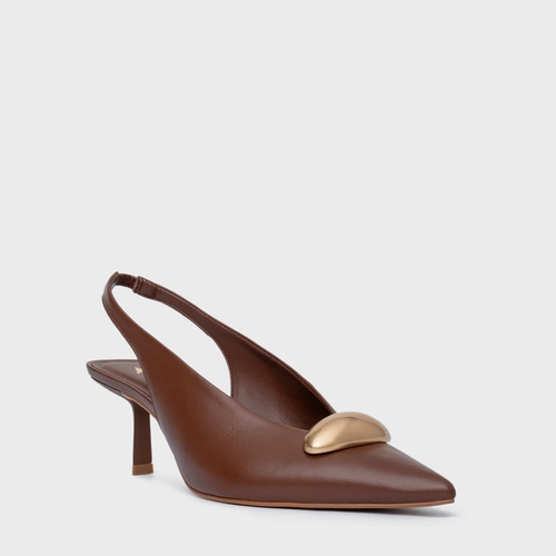 Scarpin Slingback Gold Drop Salto Fino Couro Marrom Walnut