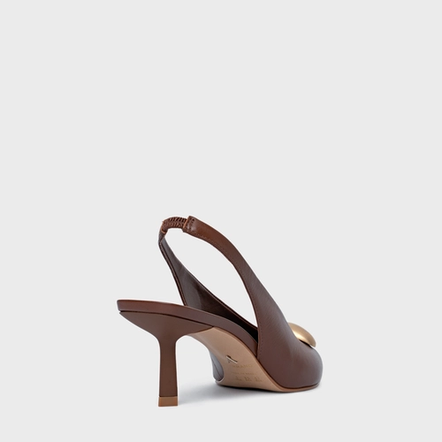 Scarpin Slingback Gold Drop Salto Fino Couro Marrom Walnut