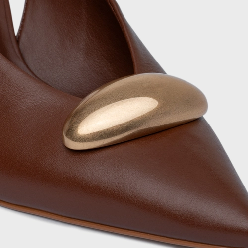 Scarpin Slingback Gold Drop Salto Fino Couro Marrom Walnut