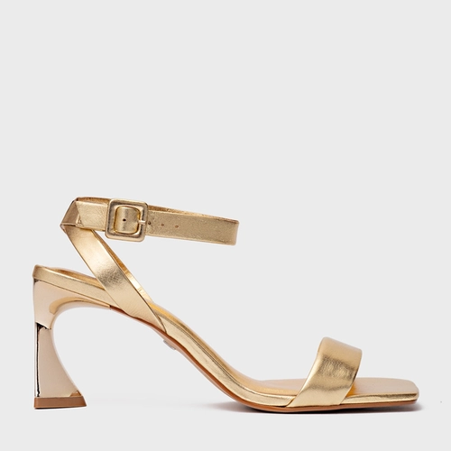 Sandália Basic Salto Allure Médio Couro Metalizado Dourado