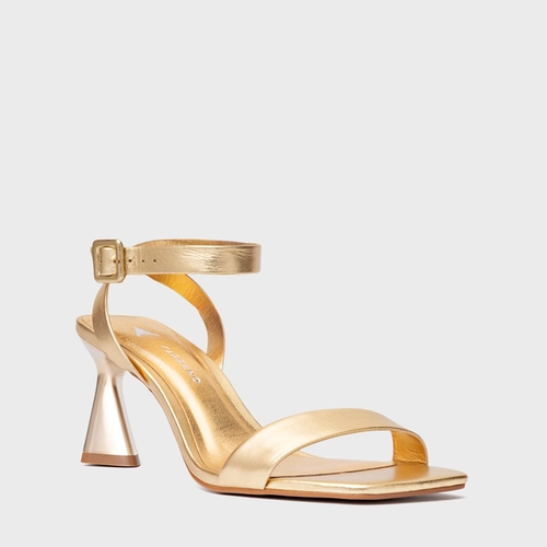 Sandália Basic Salto Allure Médio Couro Metalizado Dourado