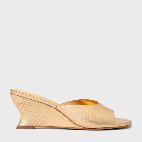 Open Mule Anabela Slim Couro Snake Metalizado Dourado