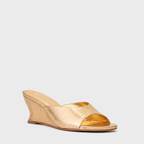 Open Mule Anabela Slim Couro Snake Metalizado Dourado