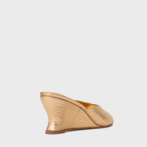 Open Mule Anabela Slim Couro Snake Metalizado Dourado