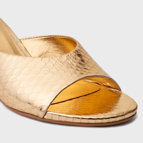 Open Mule Anabela Slim Couro Snake Metalizado Dourado