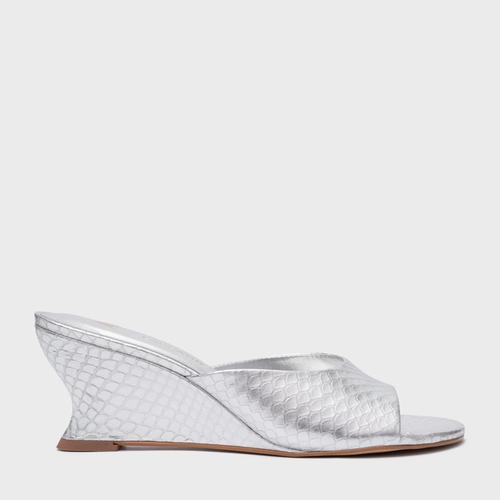 Open Mule Anabela Slim Couro Snake Metalizado Prata
