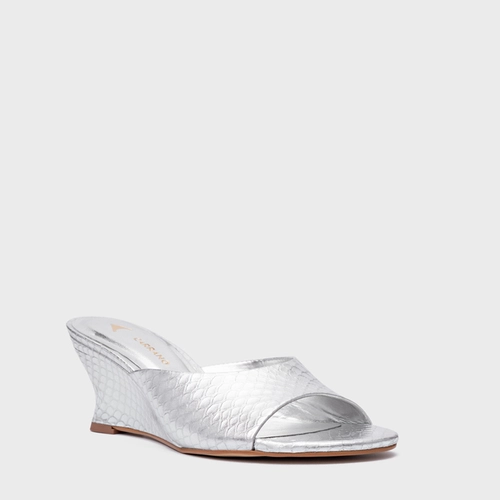 Open Mule Anabela Slim Couro Snake Metalizado Prata