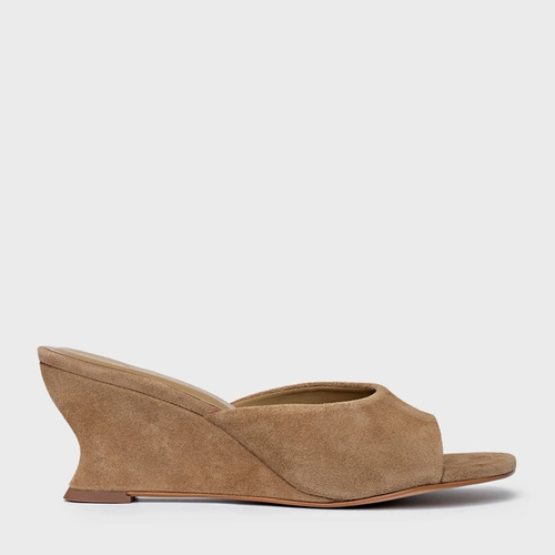 Open Mule Anabela Slim Couro Suede Bege Almond