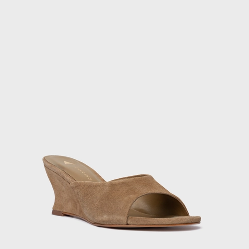 Open Mule Anabela Slim Couro Suede Bege Almond