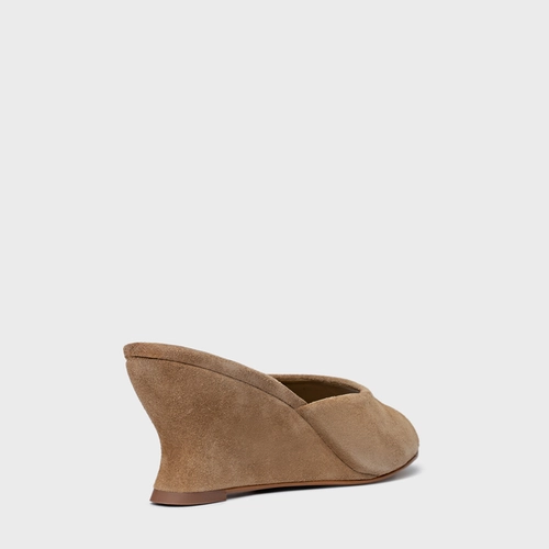 Open Mule Anabela Slim Couro Suede Bege Almond