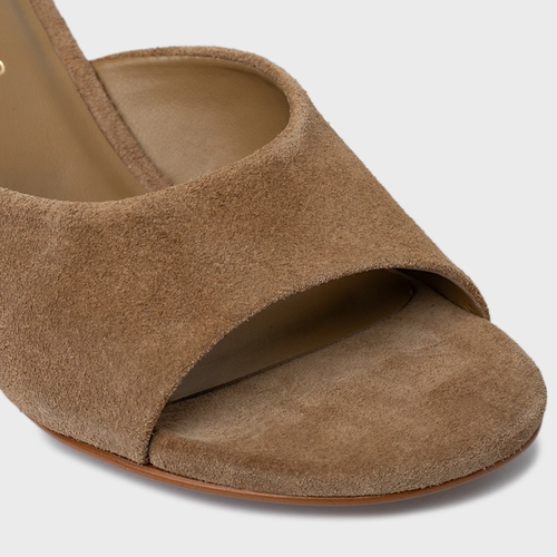 Open Mule Anabela Slim Couro Suede Bege Almond