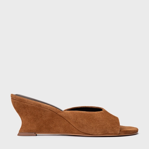 Open Mule Anabela Slim Couro Suede Marrom Saddle