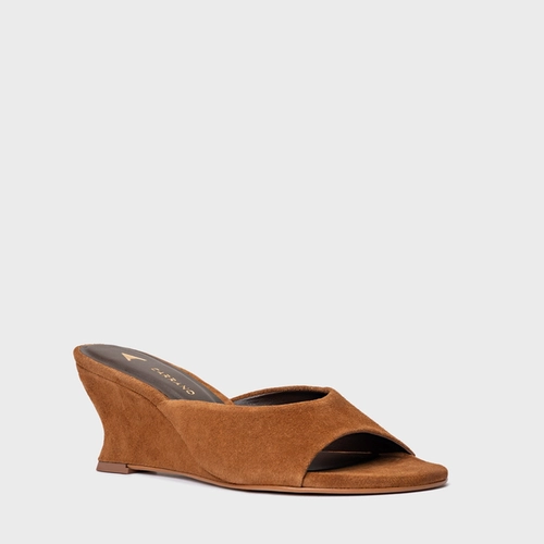 Open Mule Anabela Slim Couro Suede Marrom Saddle