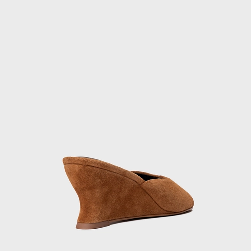 Open Mule Anabela Slim Couro Suede Marrom Saddle