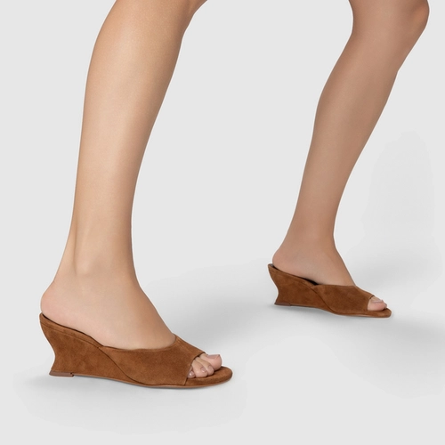 Open Mule Anabela Slim Couro Suede Marrom Saddle