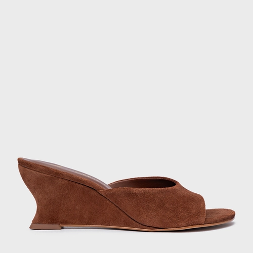 Open Mule Anabela Slim Couro Suede Marrom Saddle