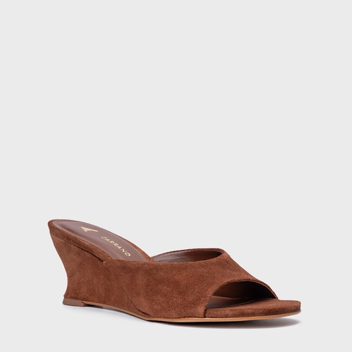 Open Mule Anabela Slim Couro Suede Marrom Saddle