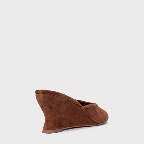 Open Mule Anabela Slim Couro Suede Marrom Saddle