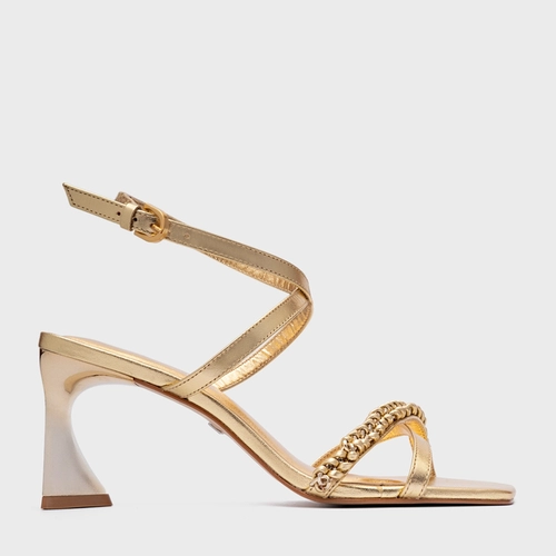 Sandália Chain Salto Allure Médio Couro Metalizado Dourado