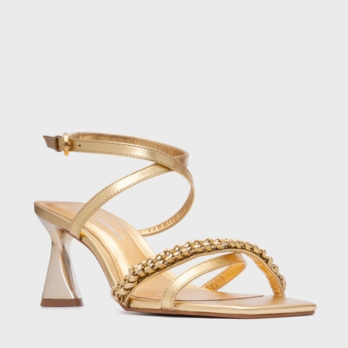 Sandália Chain Salto Allure Médio Couro Metalizado Dourado