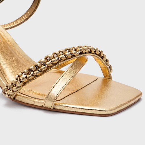 Sandália Chain Salto Allure Médio Couro Metalizado Dourado