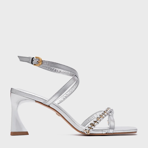 Sandália Chain Salto Allure Médio Couro Metalizado Prata