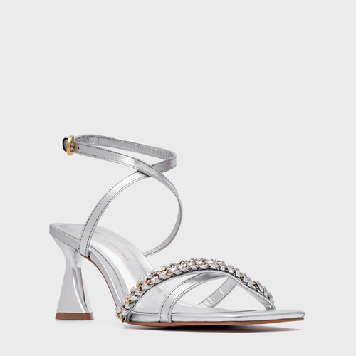 Sandália Chain Salto Allure Médio Couro Metalizado Prata