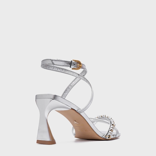 Sandália Chain Salto Allure Médio Couro Metalizado Prata