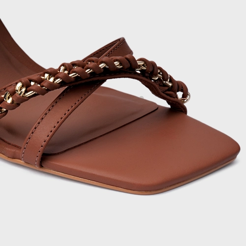Sandália Chain Salto Allure Médio Couro Marrom Walnut