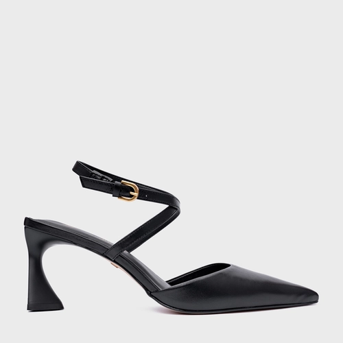 Scarpin Slingback Tiras Salto Allure Médio Couro Preto
