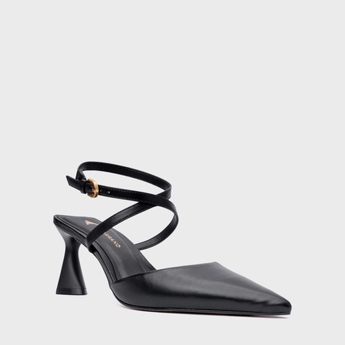 Scarpin Slingback Tiras Salto Allure Médio Couro Preto