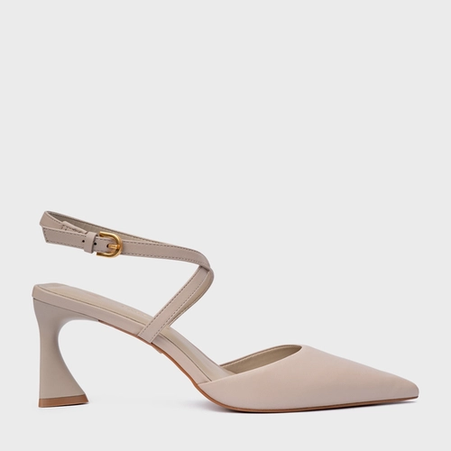 Scarpin Slingback Tiras Salto Allure Médio Couro Bege Oatmeal