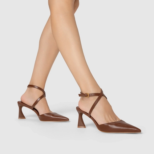 Scarpin Slingback Tiras Salto Allure Médio Couro Marrom Walnut