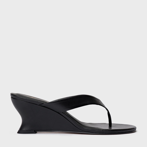 Open Mule Thong Anabela Slim Couro Preto