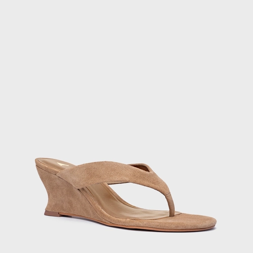 Open Mule Thong Anabela Slim Couro Suede Bege Almond