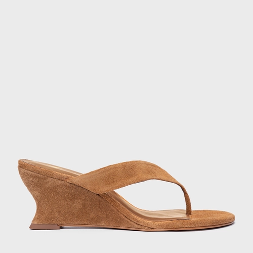 Open Mule Thong Anabela Slim Couro Suede Marrom Saddle