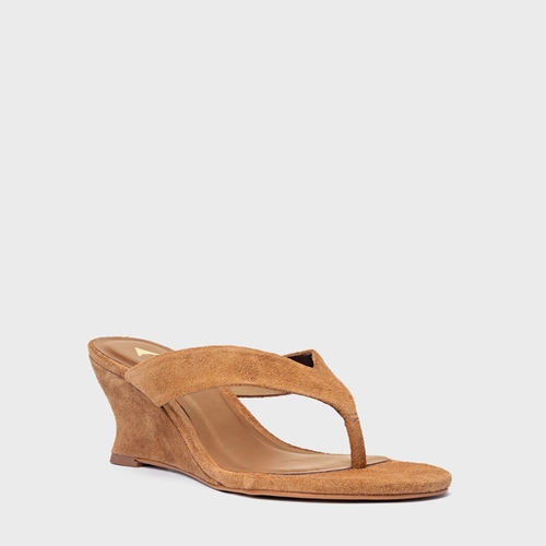 Open Mule Thong Anabela Slim Couro Suede Marrom Saddle