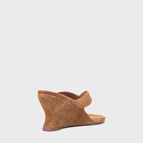 Open Mule Thong Anabela Slim Couro Suede Marrom Saddle