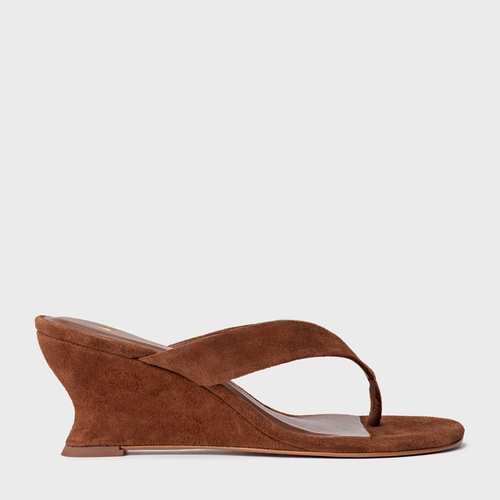 Open Mule Thong Anabela Slim Couro Suede Marrom Walnut