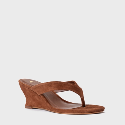 Open Mule Thong Anabela Slim Couro Suede Marrom Walnut