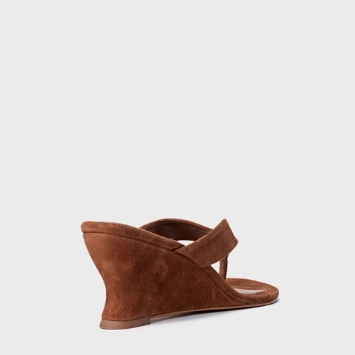 Open Mule Thong Anabela Slim Couro Suede Marrom Walnut
