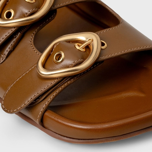 Rasteira Slide Buckle Couro Marrom Gingerbread