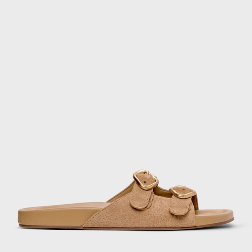 Rasteira Slide Buckle Couro Suede Bege Almond