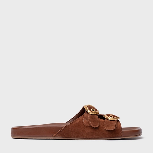 Rasteira Slide Buckle Couro Suede Marrom Walnut