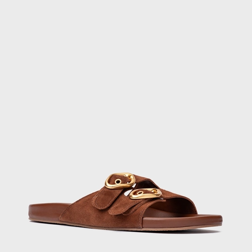 Rasteira Slide Buckle Couro Suede Marrom Walnut