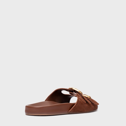 Rasteira Slide Buckle Couro Suede Marrom Walnut